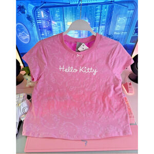 Hello Kitty Short Sleeve T-Shirt Tee Pink Medium M Bow All Over Graphic Sanrio